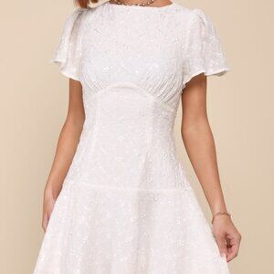 Lulus Memorably Angelic Ivory Embroidered Flutter Sleeve Mini Dress White